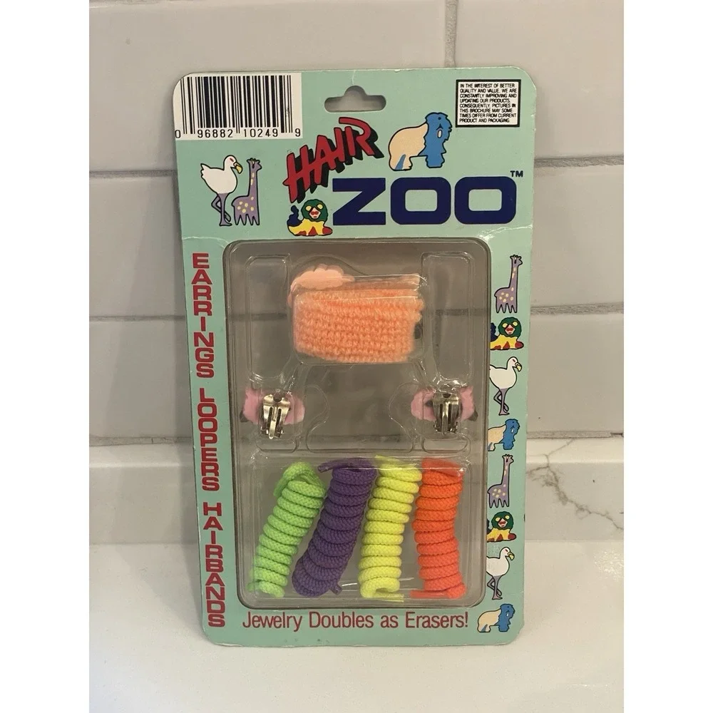 Vintage Hair Zoo Eraser Jewelry Animals Hairbands Loopers Earrings 1991 New